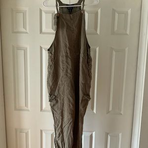 Nicole Miller Linen Cargo Overalls Olive